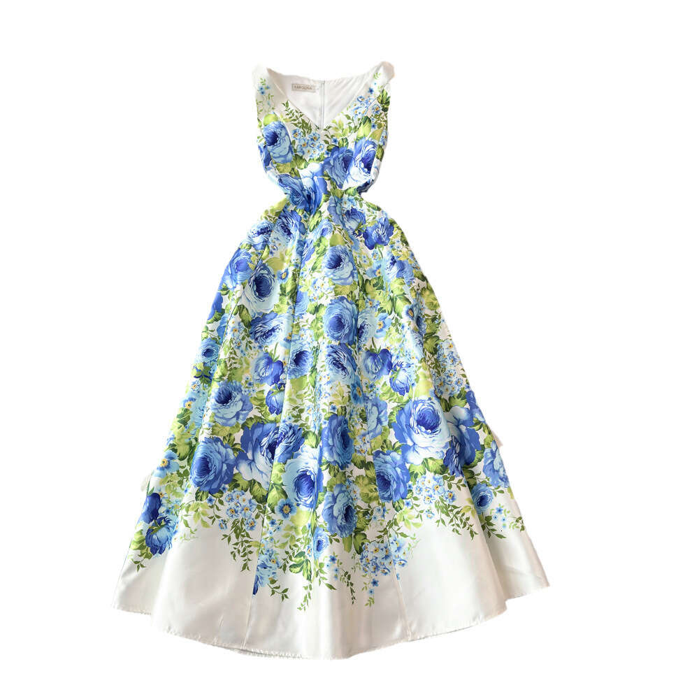 Luxury and socialite temperament sleeveless V-neck waistband slim A-line three-dimensional cut printed large hem dress summer dress