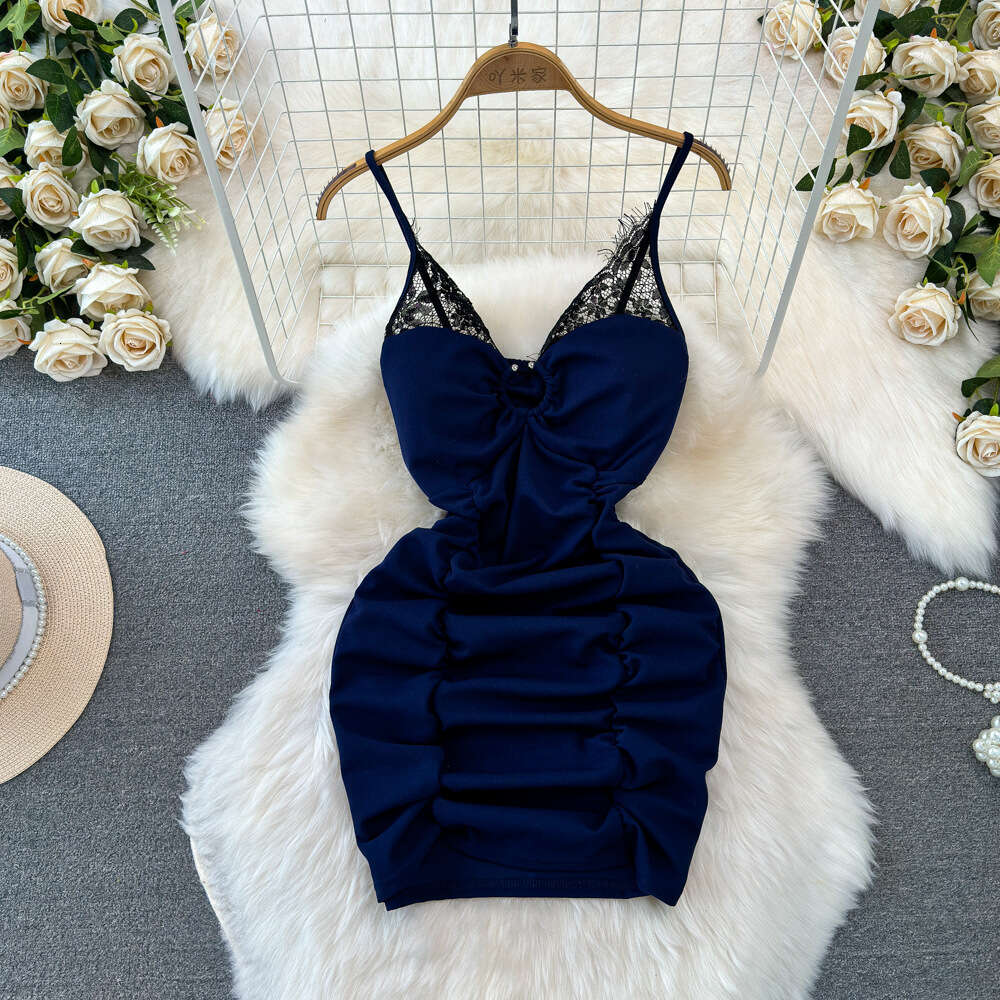 Summer Fashion Sexy V-neck Low cut Lace Splice Tight and Slimming Wrinkle Wrapped Hip Bottom Suspended Dress for Women