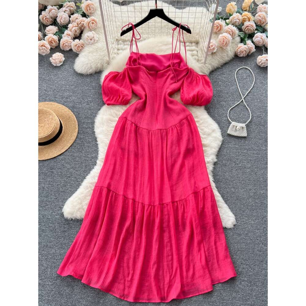 Beach resort style camisole dress for womens summer off shoulder bubble sleeves with slit design for a unique and beautiful beach skirt