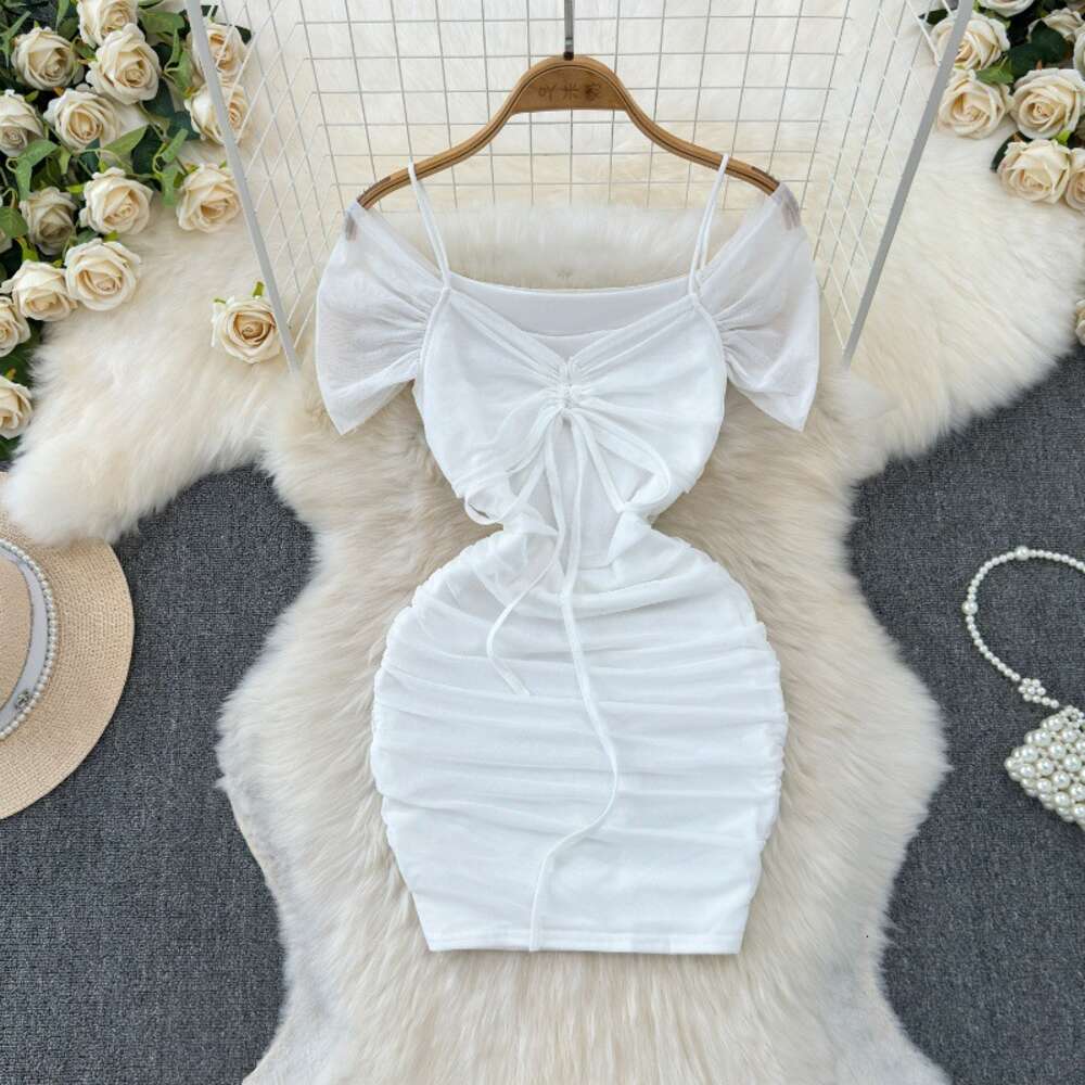 Nightclub womens sweet bow neckline heartfelt pleated slim fitting short sexy buttocks wrapped skirt off the shoulder suspender dress