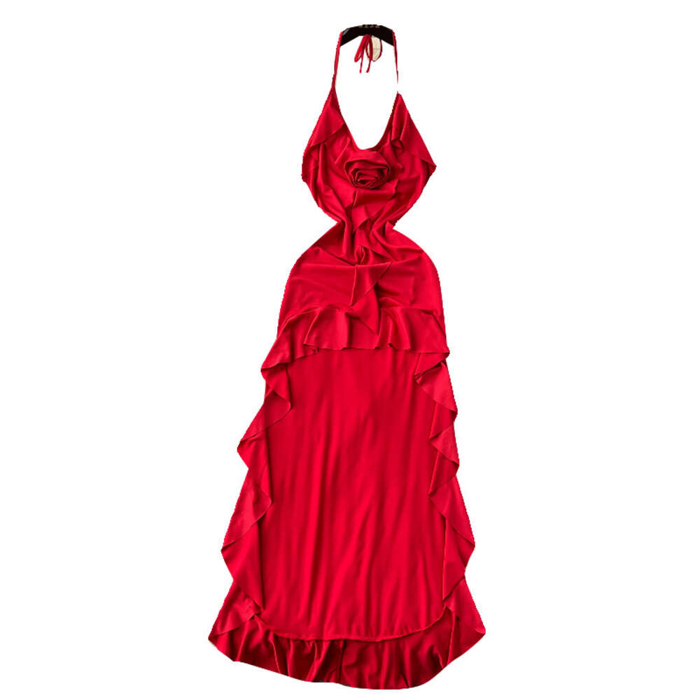 Sexy neck hanging suspender dress for women with a three-dimensional floral slim fit and ruffled edge front short and back long tailcoat dress
