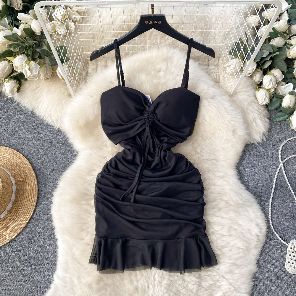 Sexy Hollow out Drawstring Lace Up Bra Strap Wrap Hip Dress Womens Pure Desire Spicy Girl Slim Fit Style French Short Dress
