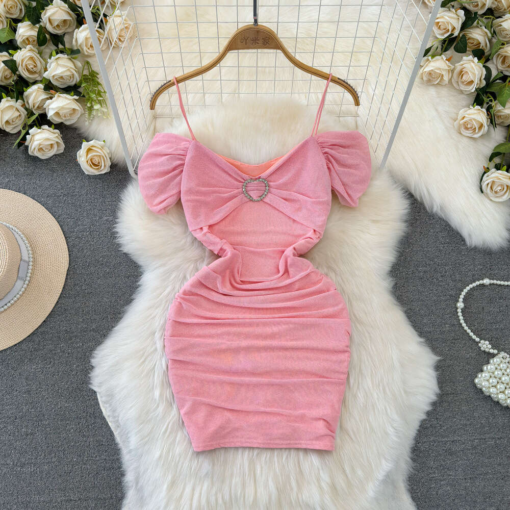 Fashionable design pure desire socialite temperament one shoulder off the shoulder waist up slimming effect short style buttocks wrapped mesh dress su