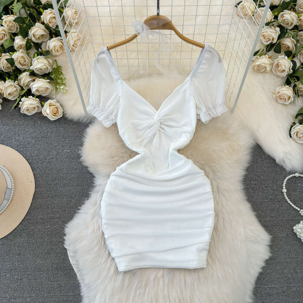 2024 Summer Fashion Pure Desire Sexy Nightclub V-Neck Waist Slimming Short Mesh Wrap Hip Bottom Dress