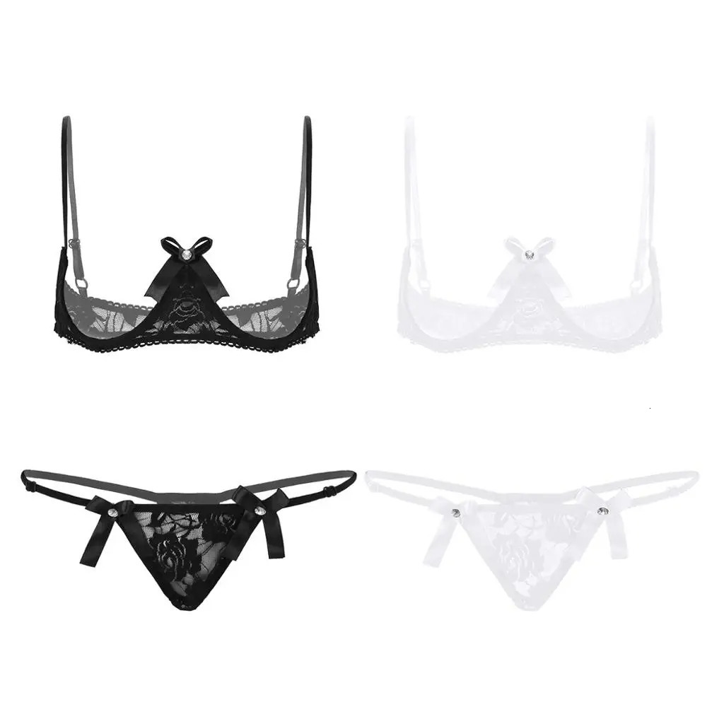 Women Open Cup Bra Top Sexy Cupless Exposed Breasts Underwired Bra with G-string See Through Sheer Lace Sexy Exotic Lingerie Set 240603