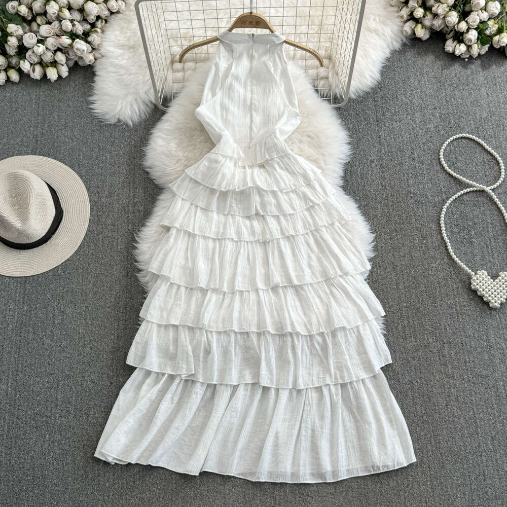Fashionable and high-end socialite temperament hanging neck off shoulder waist slimming off medium length A-line ruffled edge cake dress