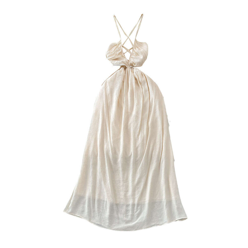 Gentle and socialite temperament V-neck hanging neck off shoulder waist slimming A-line solid color dress seaside vacation long dress