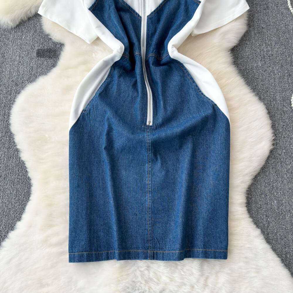 2024 Summer Korean Edition Fake Two Piece Contrast Color Short sleeved Round Neck Denim Spliced Waist Slimming A-line Slim Strap Dress
