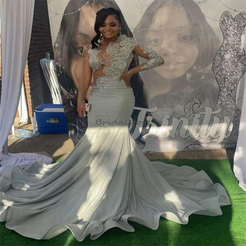 Stunning Silver Prom Dresses For Black Girls One Shoulder Long Sleeve Mermaid Evening Gowns Flowers Beaded Plus Size Formal Occasion Birthday Dress 20