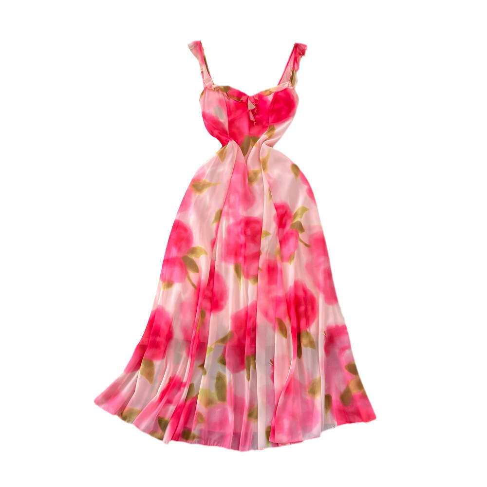 Gentle and socialite temperament slim waist and split A-line printed chiffon suspender dress seaside vacation long dress