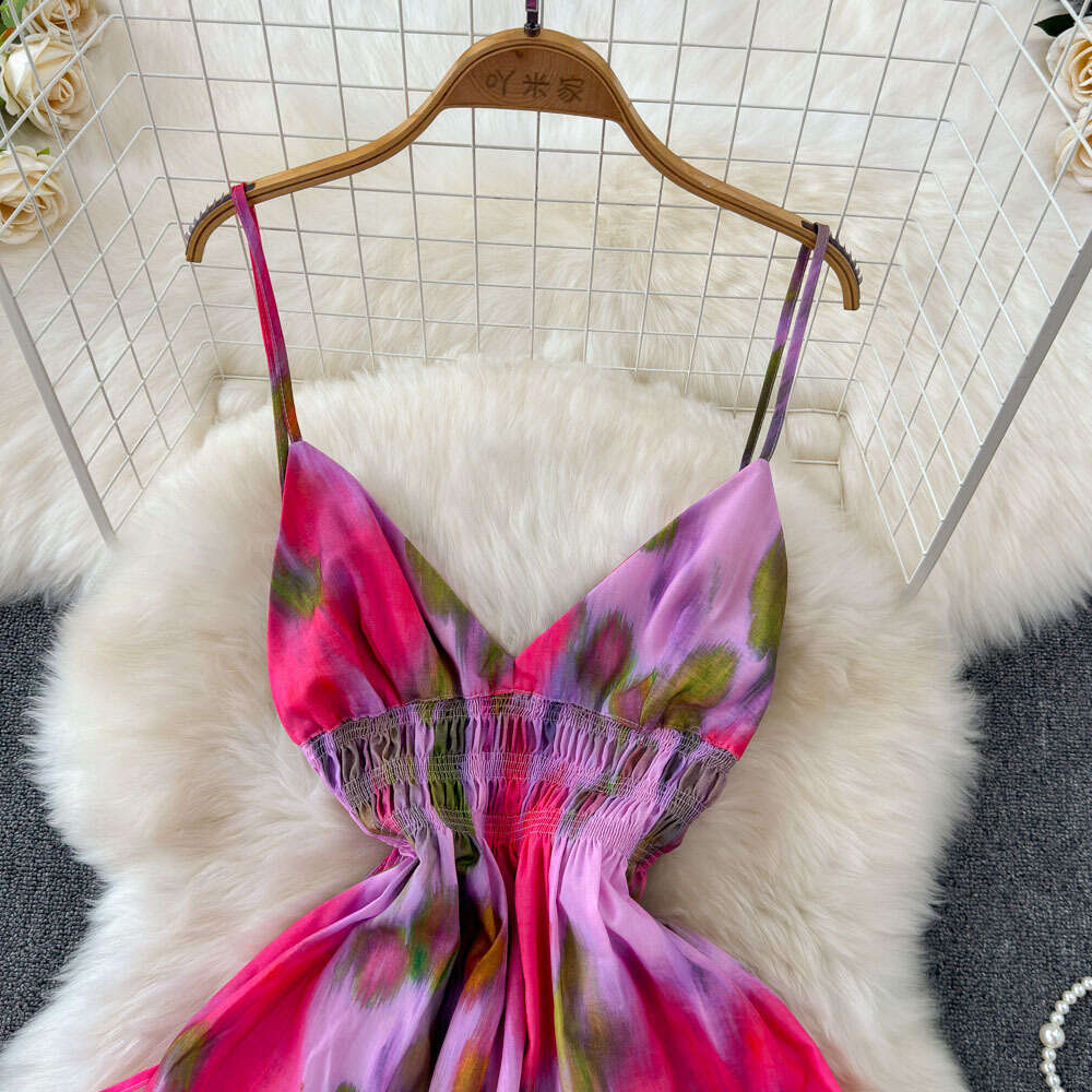 Travel photo vacation long dress goddess style sexy backless elastic waistband slim and long style ruffled edge skirt halo dyed dress