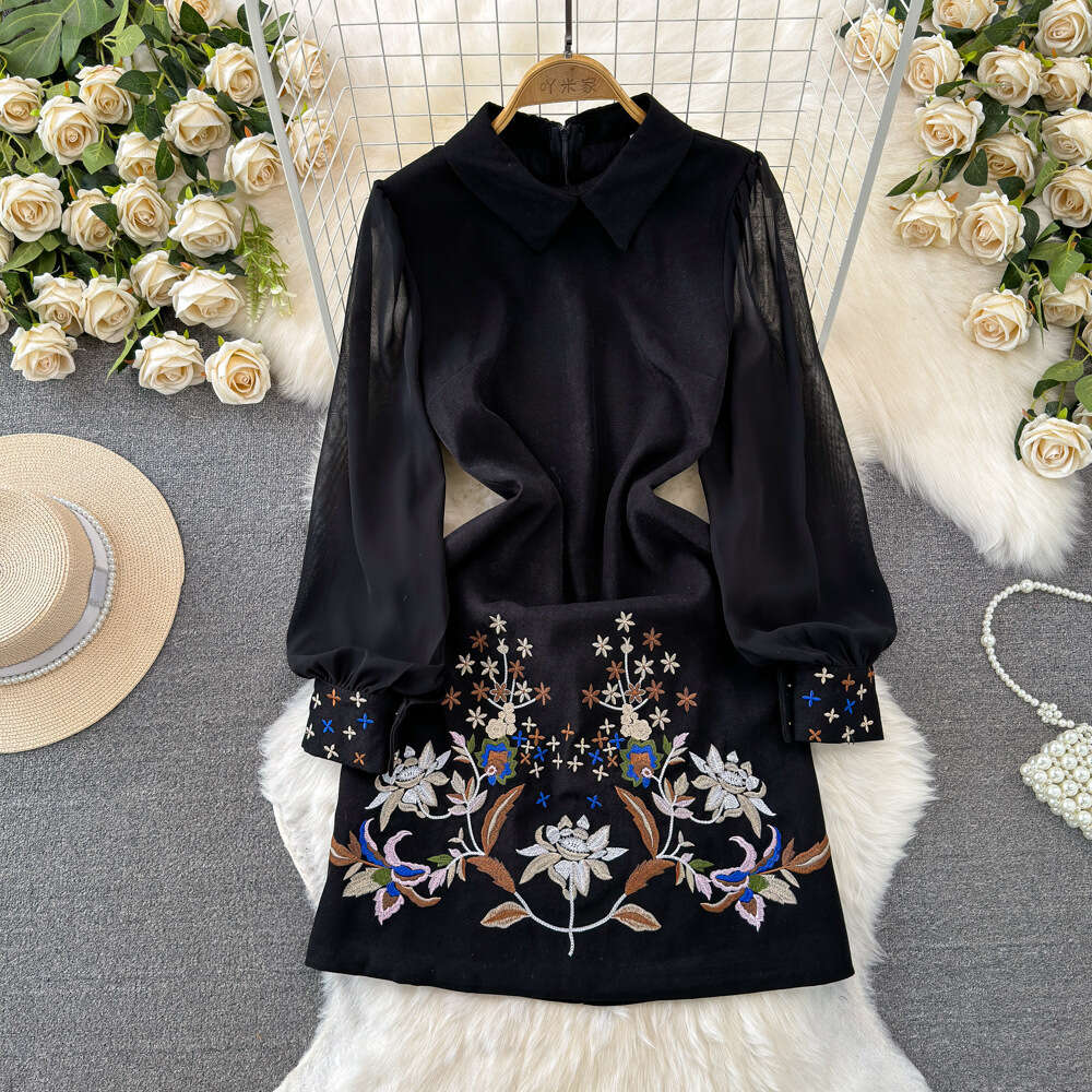 2024 Spring and Autumn Fashion Celebrity Style Long sleeved Polo Neck Waist Wrapped Slim A-line Positioning Printed Dress
