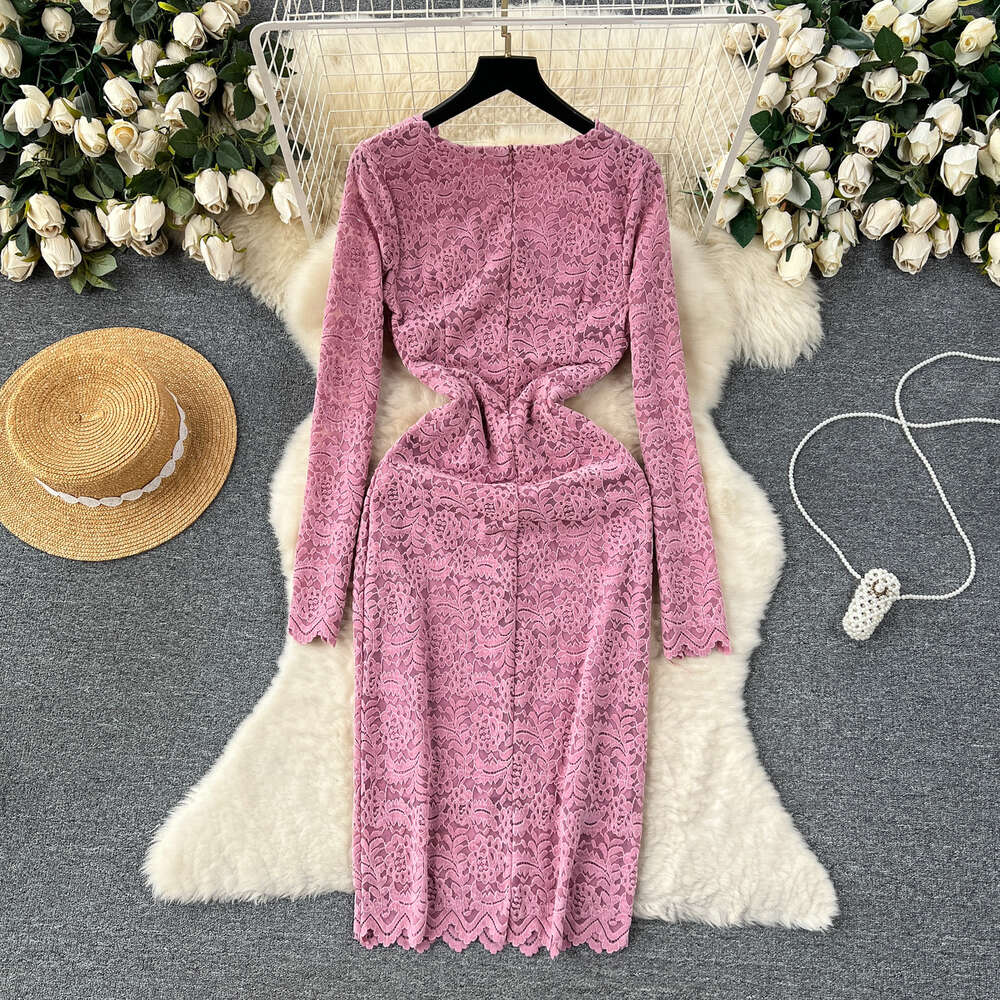 Light mature style womens clothing temperament V-neck slim fit mid length lace bottom skirt 2024 spring long sleeved dress for women