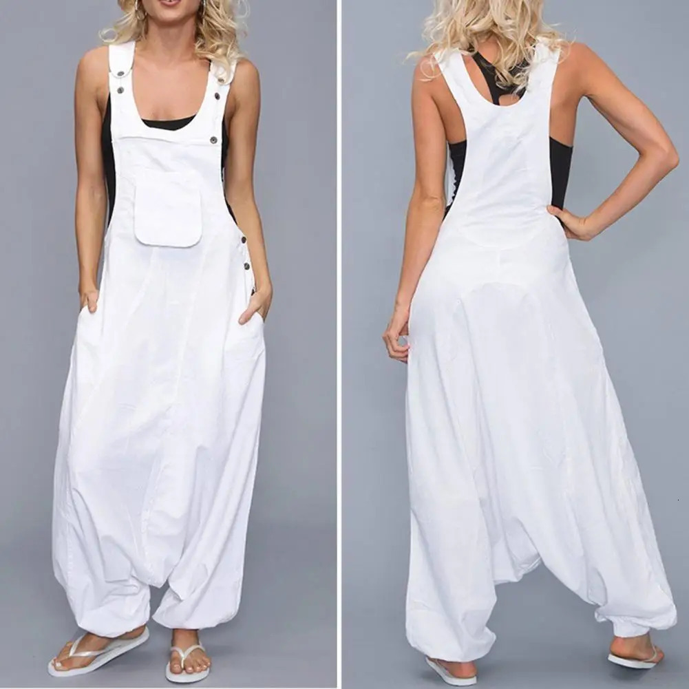 Women Summer Loose Thin Jumpsuits Harem Pants Wide Leg Pants Sleeveless Pockets Bib Jumpsuit Siamese Trousers Large Size S-5XL 240529