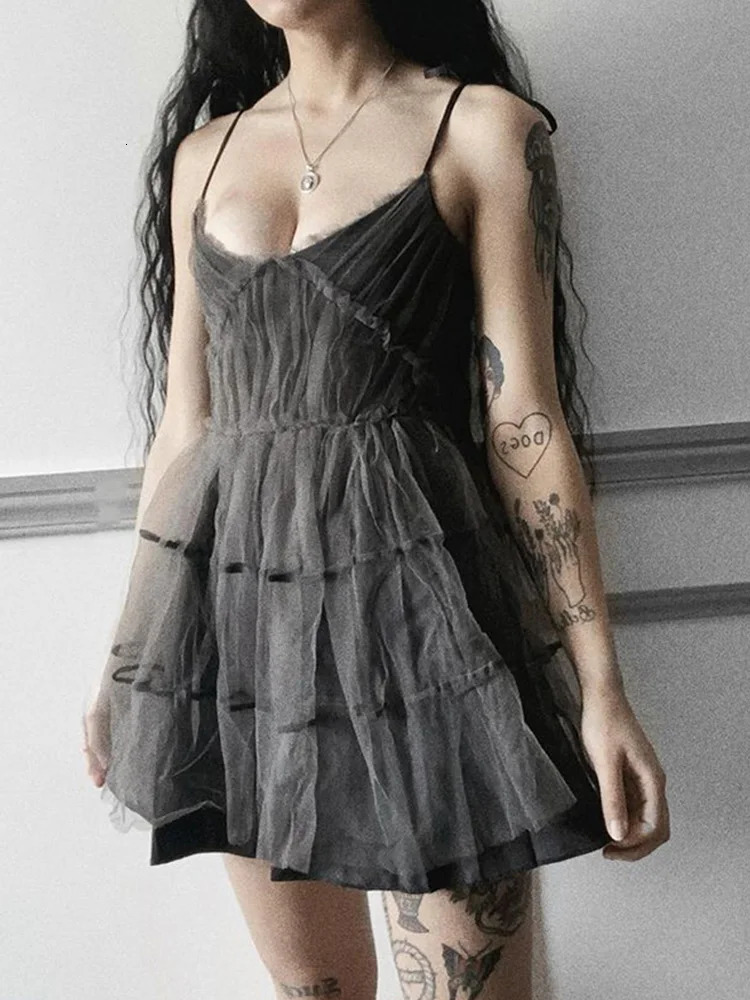 AltGoth Dark Gothic Elegant Dress Women Emo Alt Vintage Mesh Patchwork Lace Up High Waist Dress Y2k Harajuku Mall Goth Partywear 240601