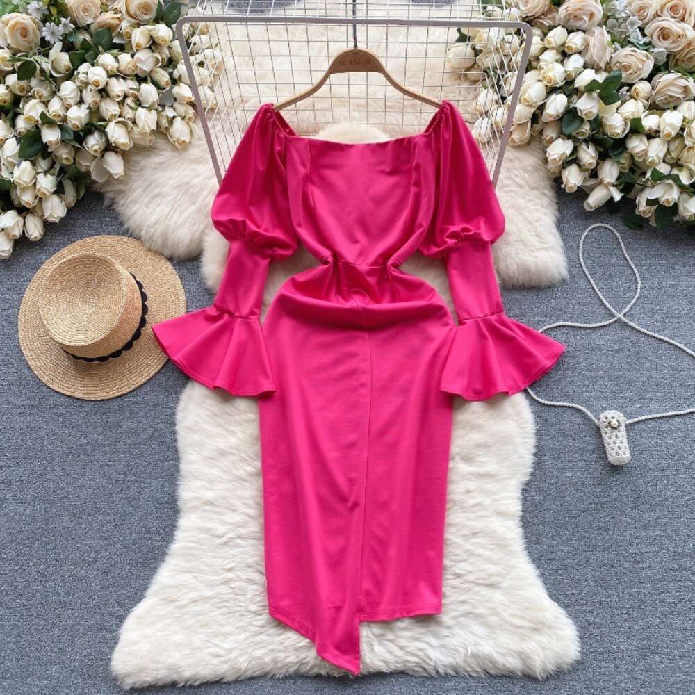 2024 New Early Spring Dress Womens Design Feeling Bubble Flare Sleeves Slim Fit Mid length Irregular Wrapped Hip Skirt