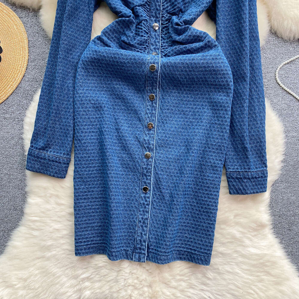 Korean version of womens clothing 2024 new spring style heart machine pleats waist reduction slimming effect mid length style elegant dress denim skir