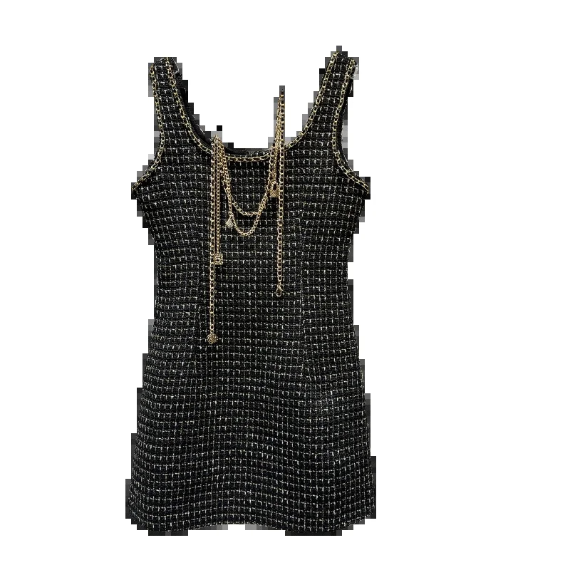 PREPOMP Summer Arrival Sleeveless Round Neck Metal Chain Necklace Tweed Slim Waist Short Dress Women GP656 240529