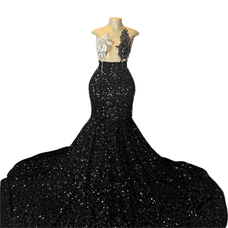 Black Sequin Memaid Prom Dresses 2024 Beaded Crystal See Through Top Plus Size Evening Dress 2024 Shine Formal Dinner Party Gowns Robe De Soiree 2024 