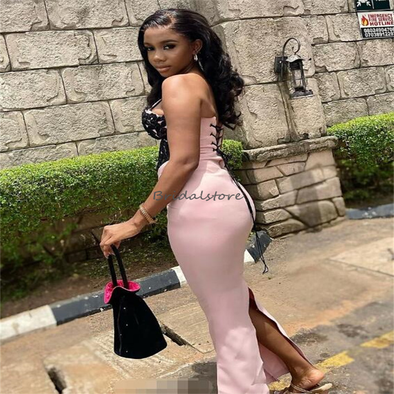 Charming Pink Prom Dresses With Black Lace Elegant Mermaid One Shoulder Midi Evening Dress 2024 Corset Lace Up Formal Birthday Party Wear Vestios De G