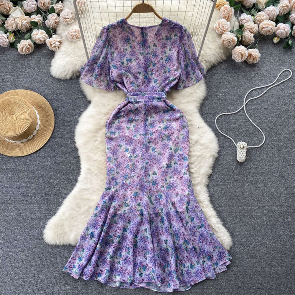 French gentle style high-end floral dress womens design sense pleated slim fit buttocks split fishtail skirt long skirt