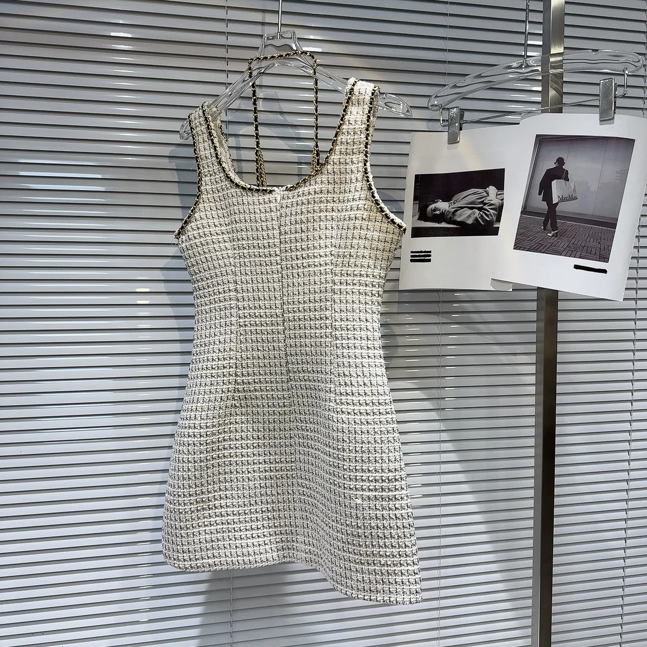 PREPOMP Summer Arrival Sleeveless Round Neck Metal Chain Necklace Tweed Slim Waist Short Dress Women GP656 240529