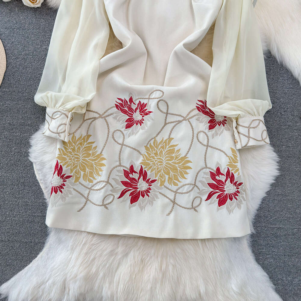 Fashionable and high-end socialite temperament mesh splicing long sleeved lapel waist cinching slimming A-line embroidered dress