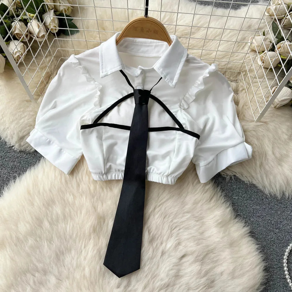 sweet Preppy Erotic Skirt Suits Fashion Short Sleeve TopsVestButton Mini Skirt Suit Women Hollow Out Sexy 2 Pieces Sets 240603