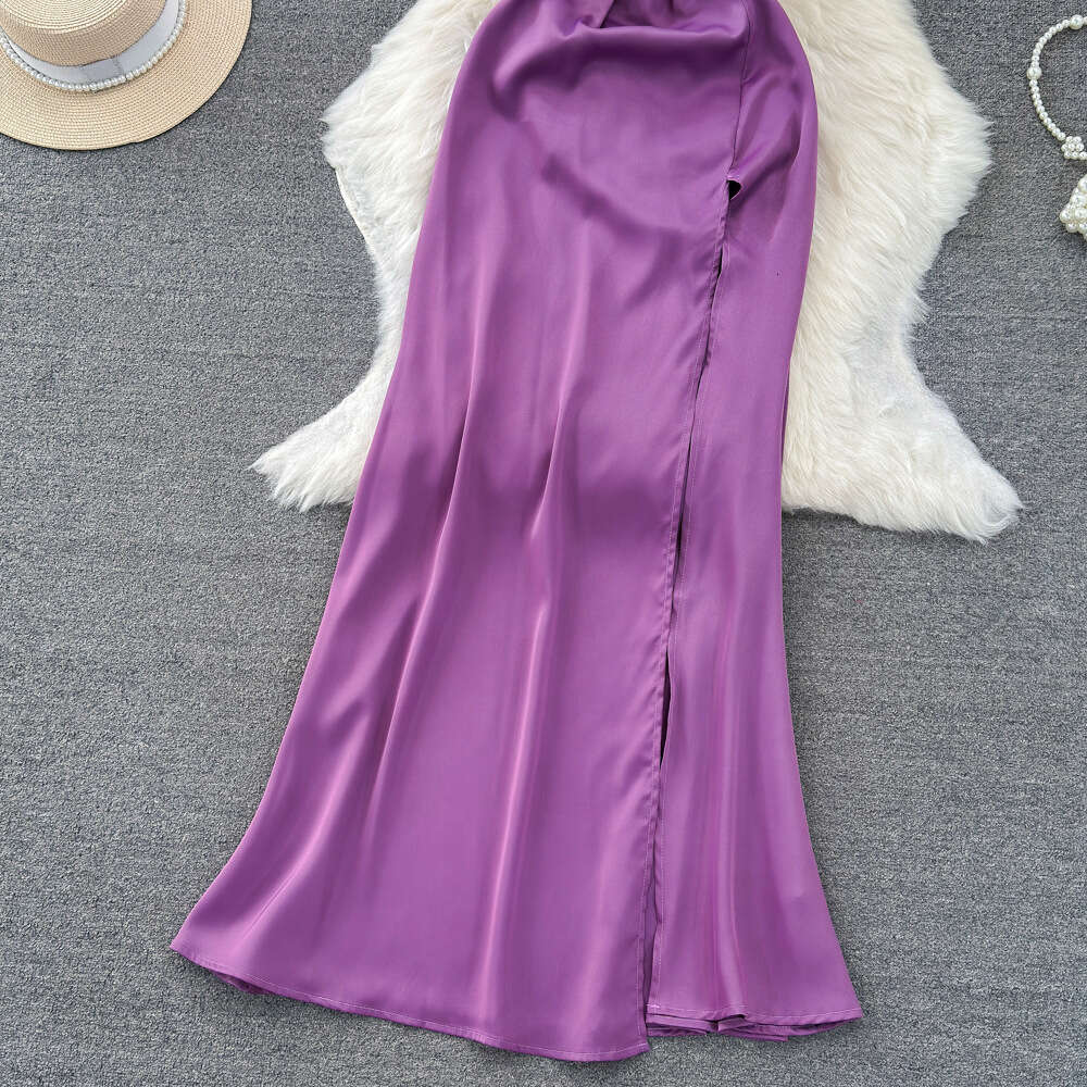 Fashionable and socialite temperament backless hanging neck sloping collar strapping waist tightening slimming effect medium length version split Alin