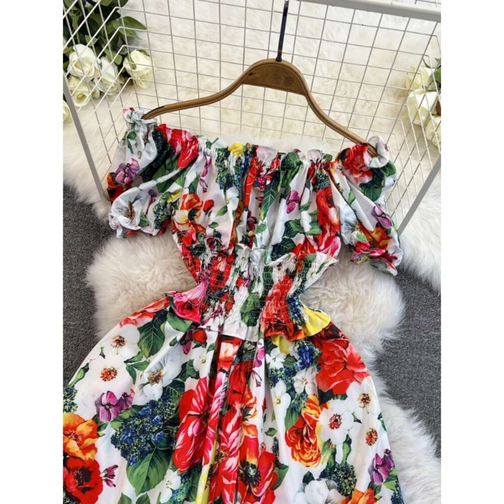 One shoulder elastic waist short vacation dress sexy off the shoulder Chinese floral print princess dress