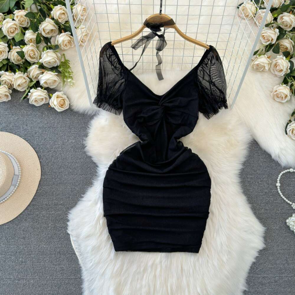 2024 Summer Fashion Pure Desire Sexy Nightclub V-Neck Waist Slimming Short Mesh Wrap Hip Bottom Dress