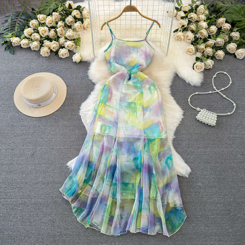 Gentle and sweet strapless waist cinching A-line halo dyed print fishtail strap dress for beach vacation beach dress