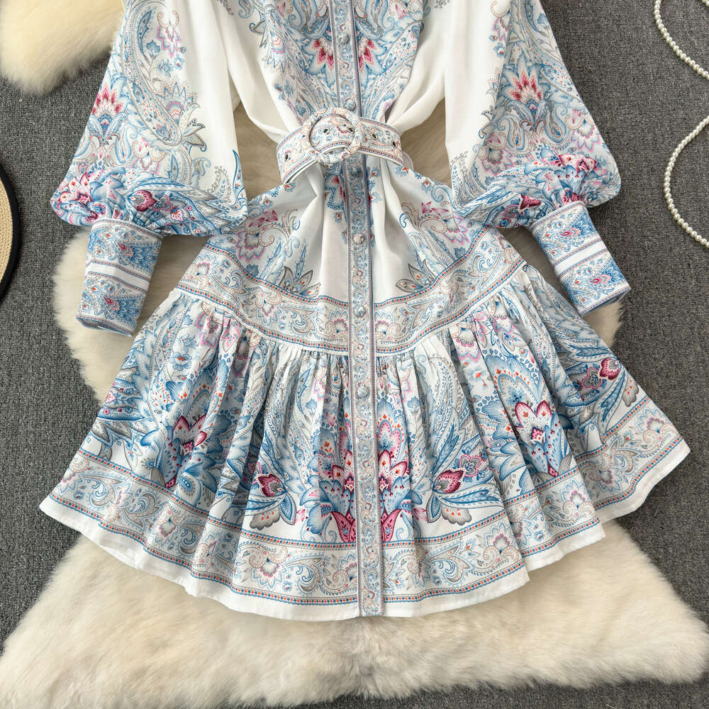 Spring and Autumn Elegant Lantern Long sleeved Standing Neck with Waist and Slim Appearance Single breasted A-line Positioning Printed Dress