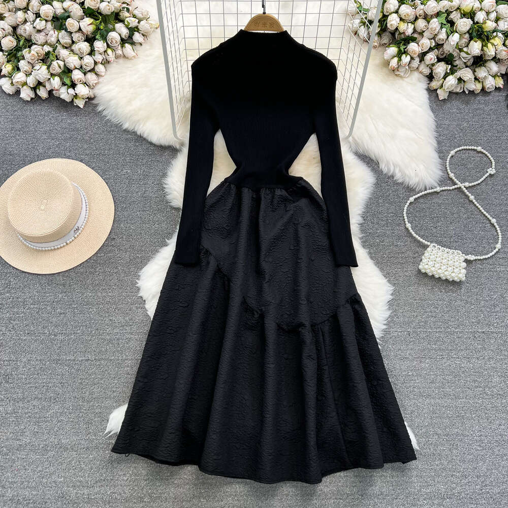 Autumn and Winter French Hepburn Style Long Sleeve Standing Neck Knitted Panel Waist Wrapped and Slim A-line Fluffy Jacquard Dress for Women