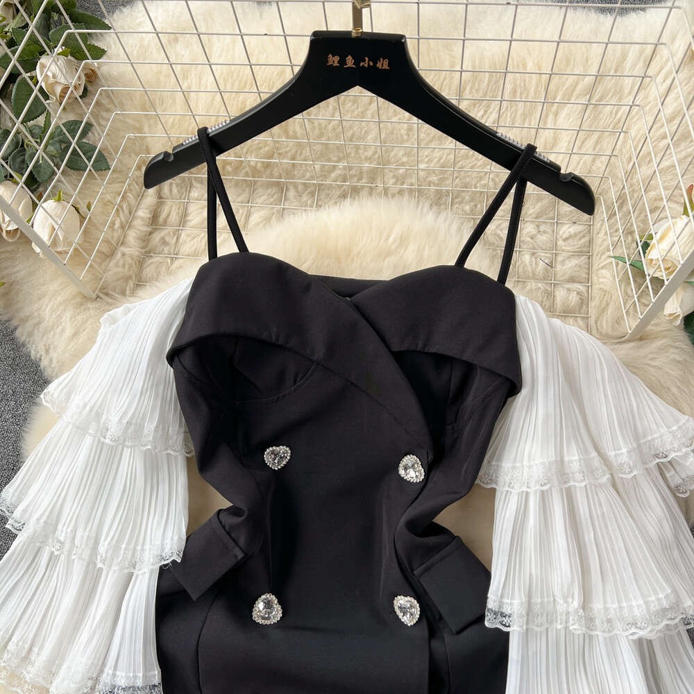 One shoulder strap small black dress for women with socialite style elegant temperament off the shoulder flared sleeves love button up dress dress