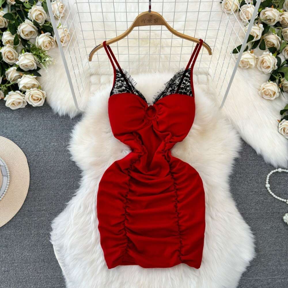 Summer Fashion Sexy V-neck Low cut Lace Splice Tight and Slimming Wrinkle Wrapped Hip Bottom Suspended Dress for Women