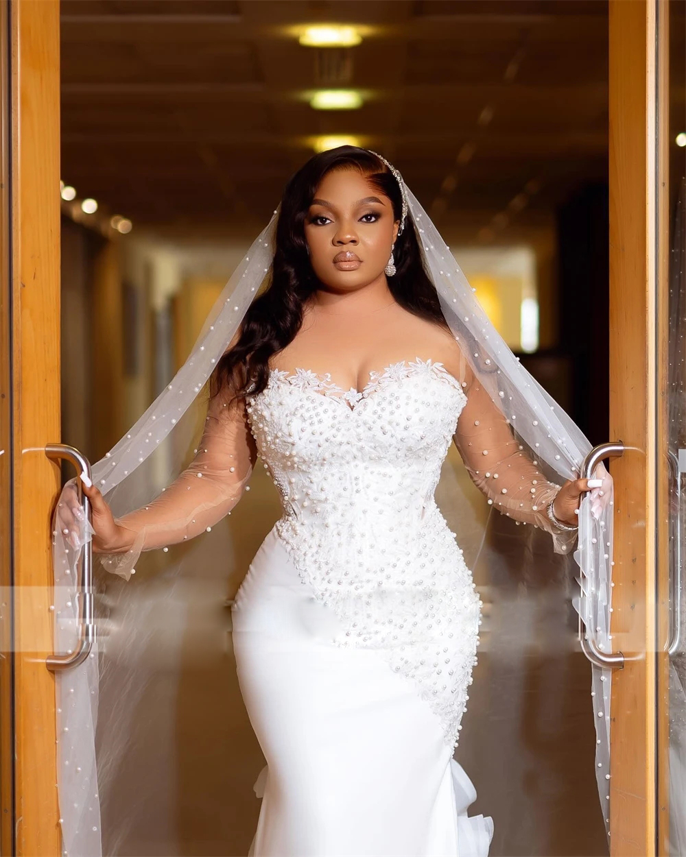 Classic Pearls Mermaid Wedding Dresses Sheer Neck Long Sleeve Bridal Dress Ruffles Train Plus Size African Womens Wedding Gown