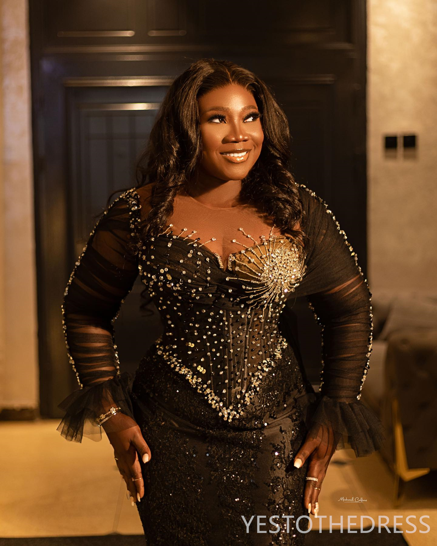 2024 Plus Size Aso Ebi Prom Dresses Black Mermaid Promdress Illusion Evening Formal Gown Sheer Neck Long Sleeves Beaded Lace Rhinestone Second Recepti