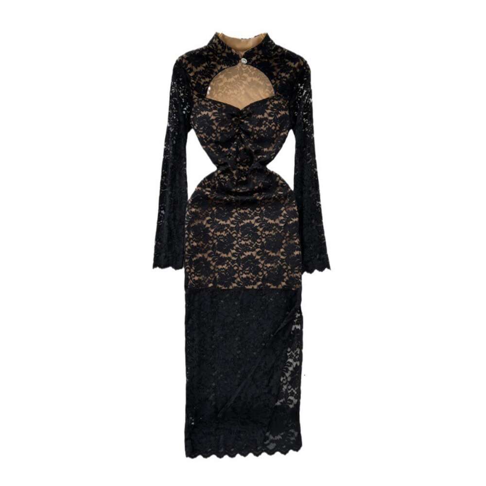 Fashionable and luxurious temperament long sleeved stand up collar hollowed out waist slimming effect medium length slit wrapped buttocks lace dress d