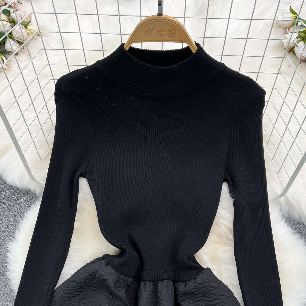 Autumn and Winter French Hepburn Style Long Sleeve Standing Neck Knitted Panel Waist Wrapped and Slim A-line Fluffy Jacquard Dress for Women