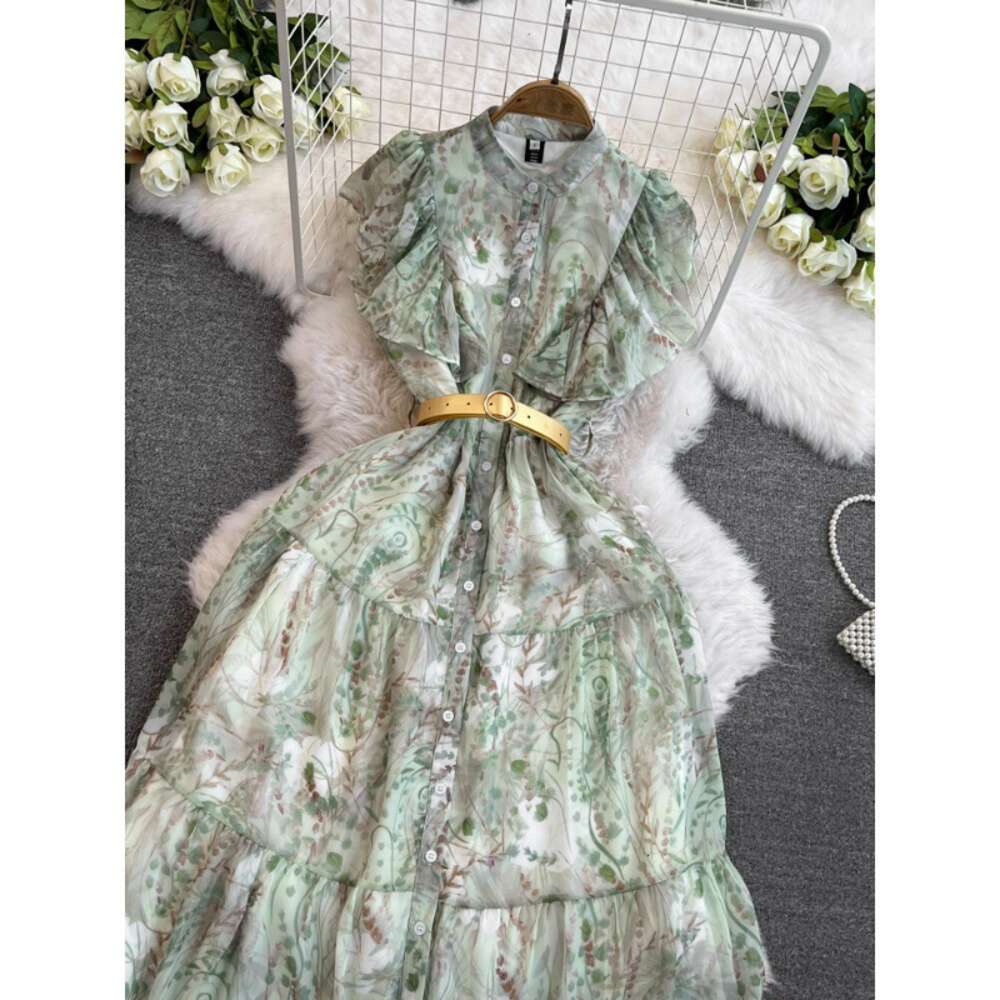 Summer New Round Neck Lotus Leaf Sleeves Single breasted Lace up Waist for Slimming French Elegance and Elegance Dress for Women