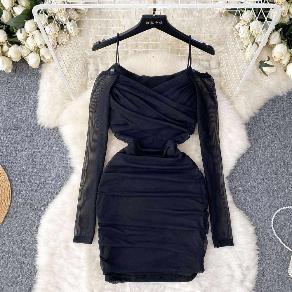 French Light Luxury Hanging Strap Mesh Dress for Womens Summer Design Sensibility Small Crowd Slim Waist Pure Desire Spicy Girls Hip Wrap Skirt