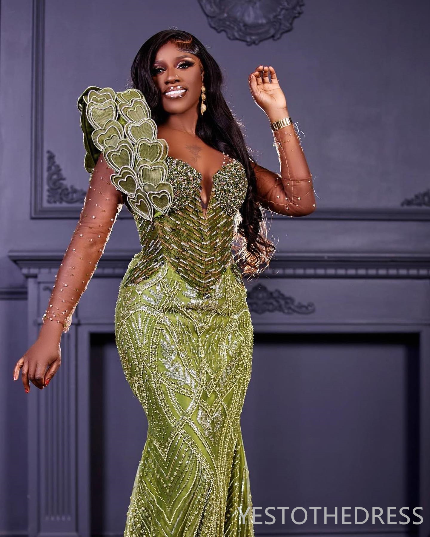 2024 Aso Ebi Prom Dresses Green Mermaid Promdress Illusion Evening Formal Gown Sheer Neck Long Sleeves Beaded Lace Birthday Second Reception Gowns Gal