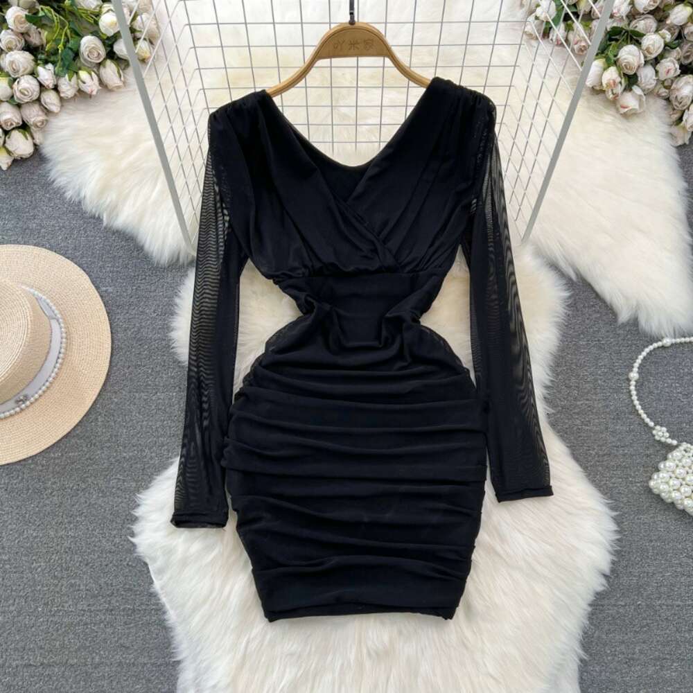 Spring and Autumn Fashion Sexy V-Neck Waist Shrinking Slim Short Fold Mesh Wrapped Bottom Dress for Women