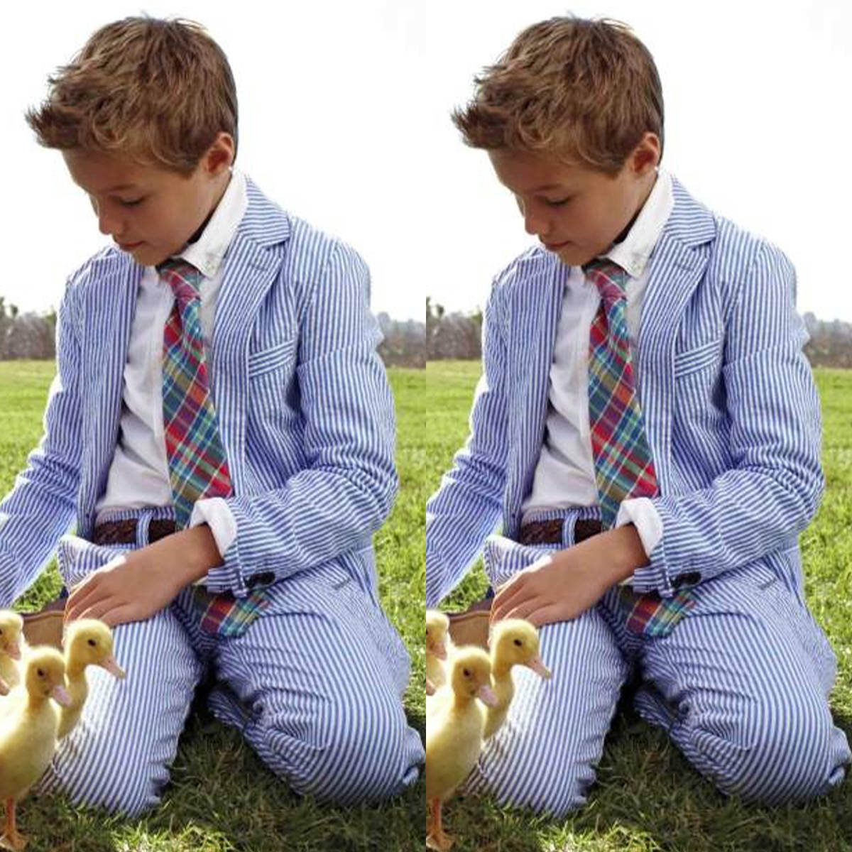 Blue Stripes Child Boy Pants Suits Dinner Tuxedos Little Kids Costume Wedding Party Prom Birthday Wear 2 Pieces Custom Made