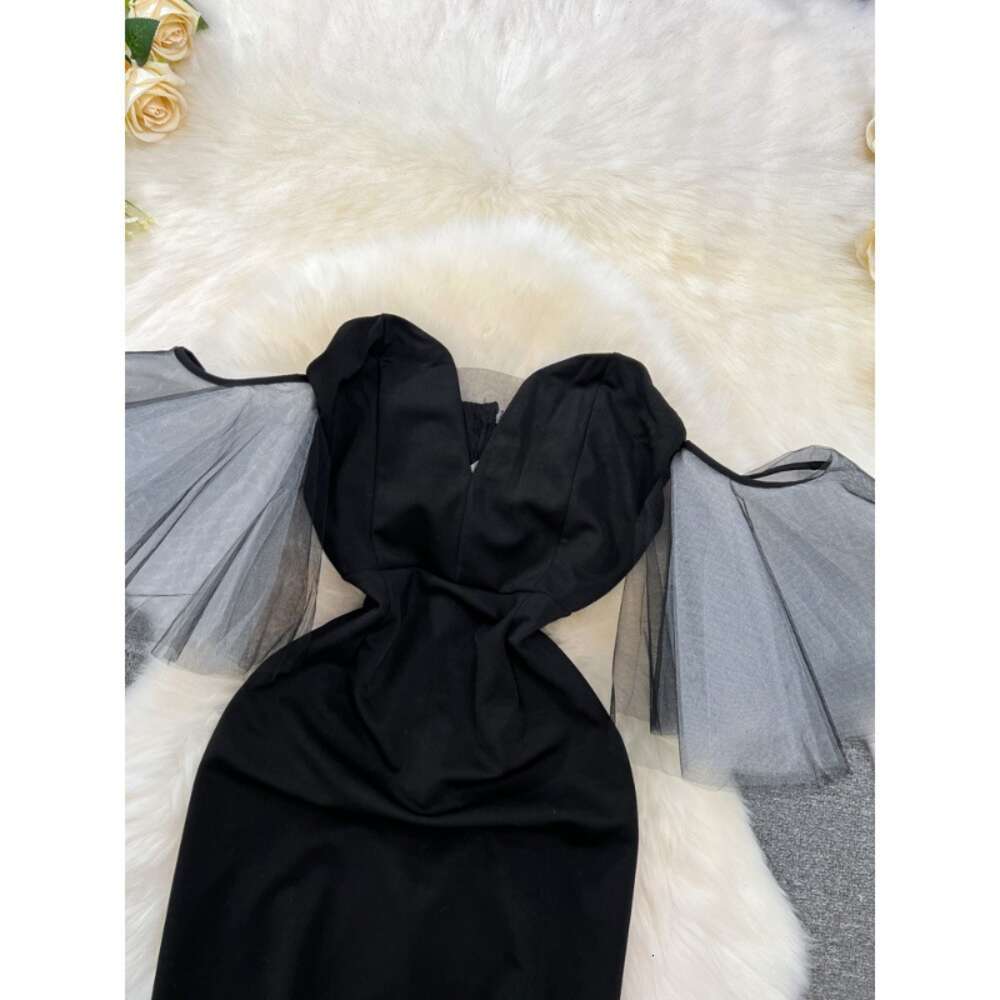 2023 Summer High end Fashion Mesh Sleeve Splice Bra Waist Slimming Mid length A-line Dress