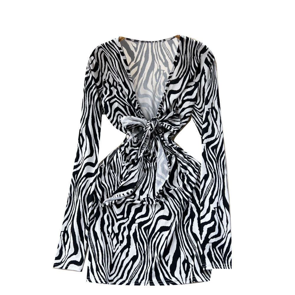 Spring and Autumn Spicy Girl Deep V-neck Hollow Tie Long Sleeve Zebra Print Tight Long Sleeve Wrapped Hip Dress