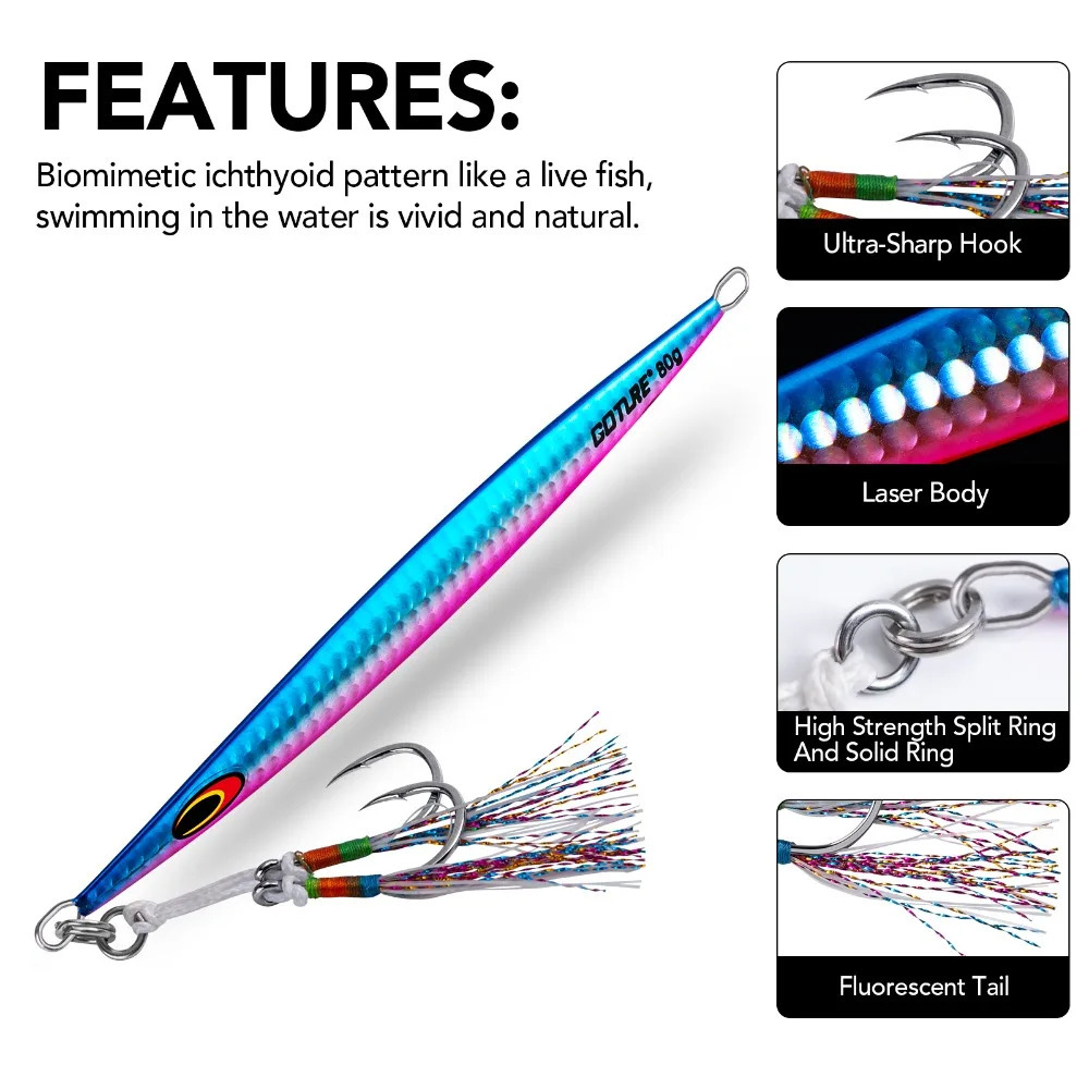 Goture 80g 160g 200g Jig Fishing Lure Set Fast Sinking Jigging Lure Double Hooks High Quality Metal Jig Seawater Fishing Bait 240603