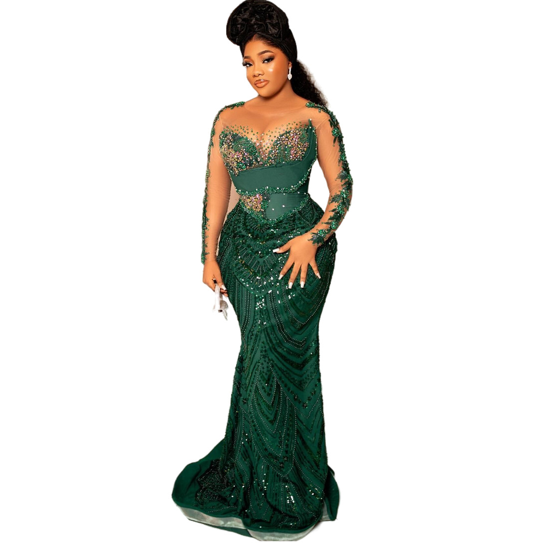 2024 Aso Ebi Plus Size Dark Green Mermaid Prom Dress Lace Beaded Crystals Evening Formal Party Second Reception 50th Birthday Engagement Thanksgiving 