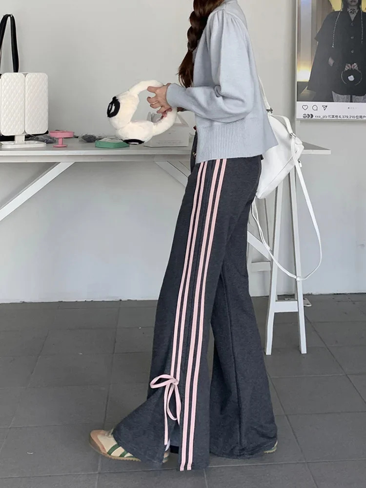 Deeptown Y2K Fairycore Bow Sweatpants Women Korean Fashion Ribbon Gray Jogger Pants Harajuku Sweet Girly Striped Flare Trousers 240530